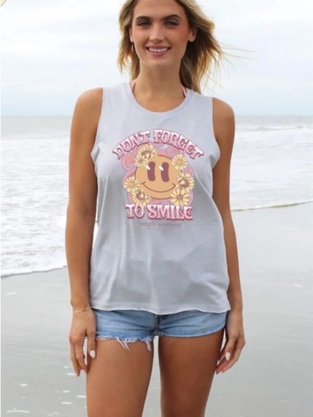 Simply Southern Light Gray Graphic Tank with Pink & Yellow Smile Design